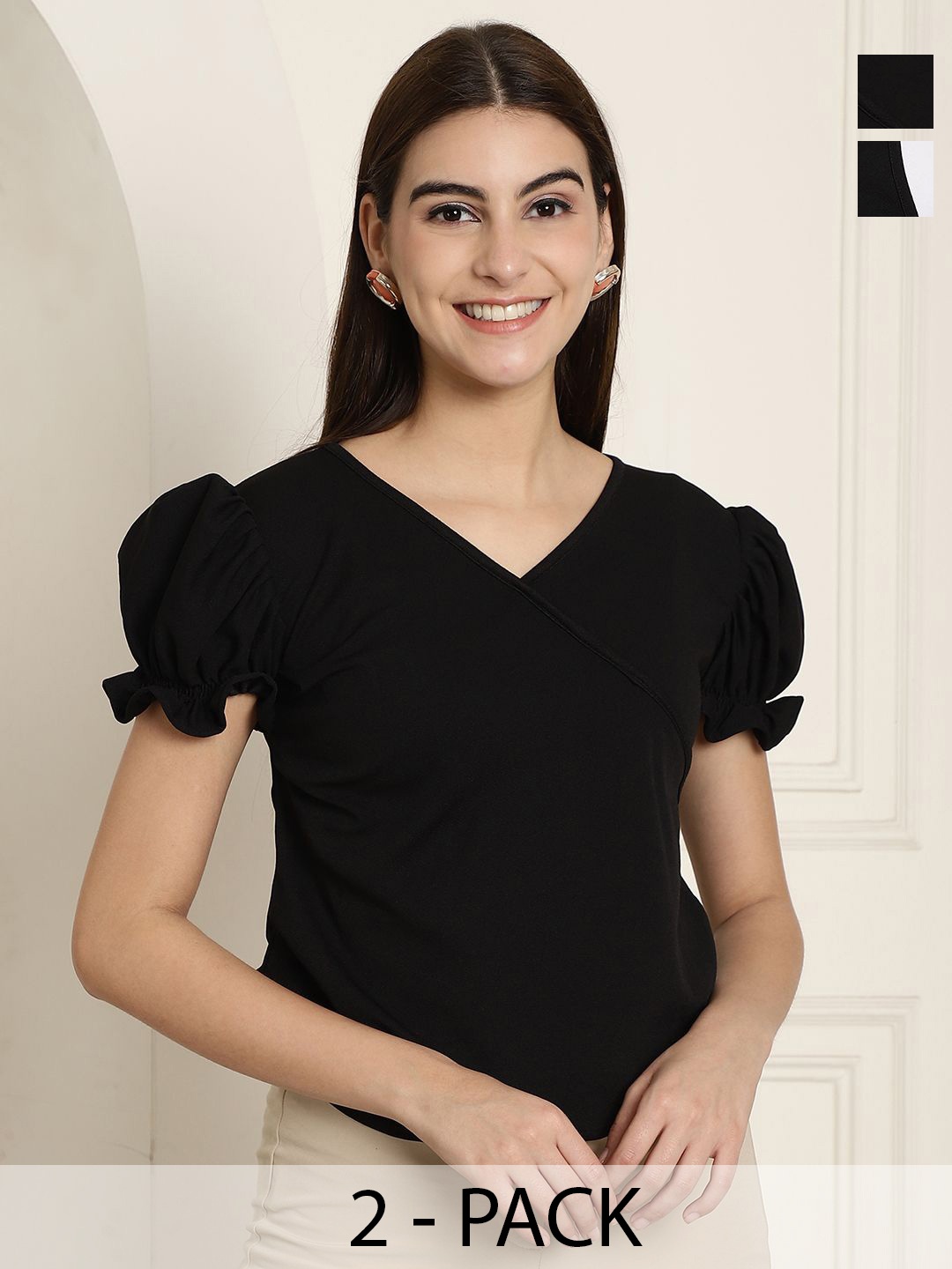 

Tromko Pack of 2 Solid V-Neck Puff Sleeve Crop Top, Black