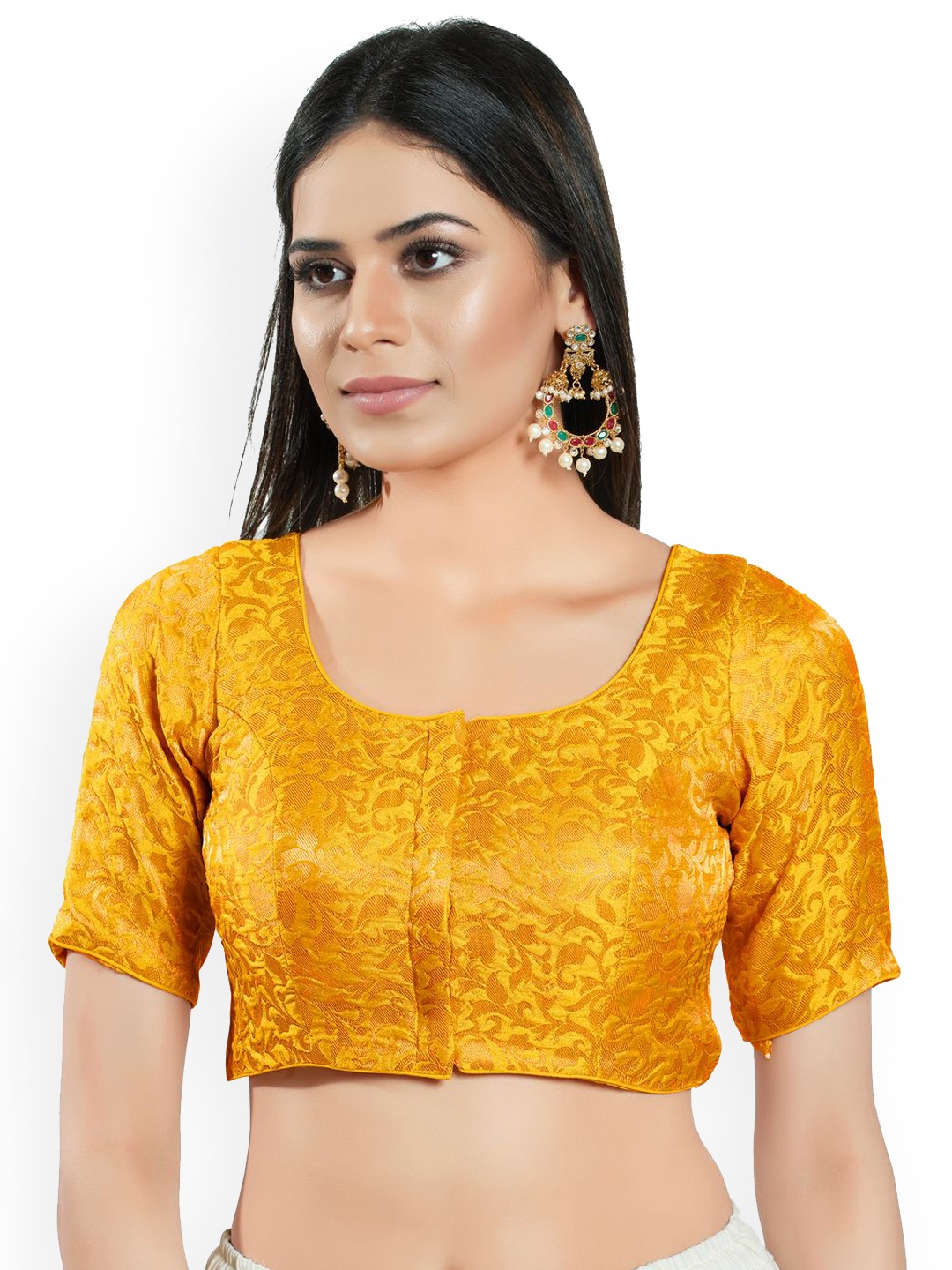

VAMAS - THE DESIGNER BLOUSES Woven Design Brocade Round Neck Padded Saree Blouse, Yellow