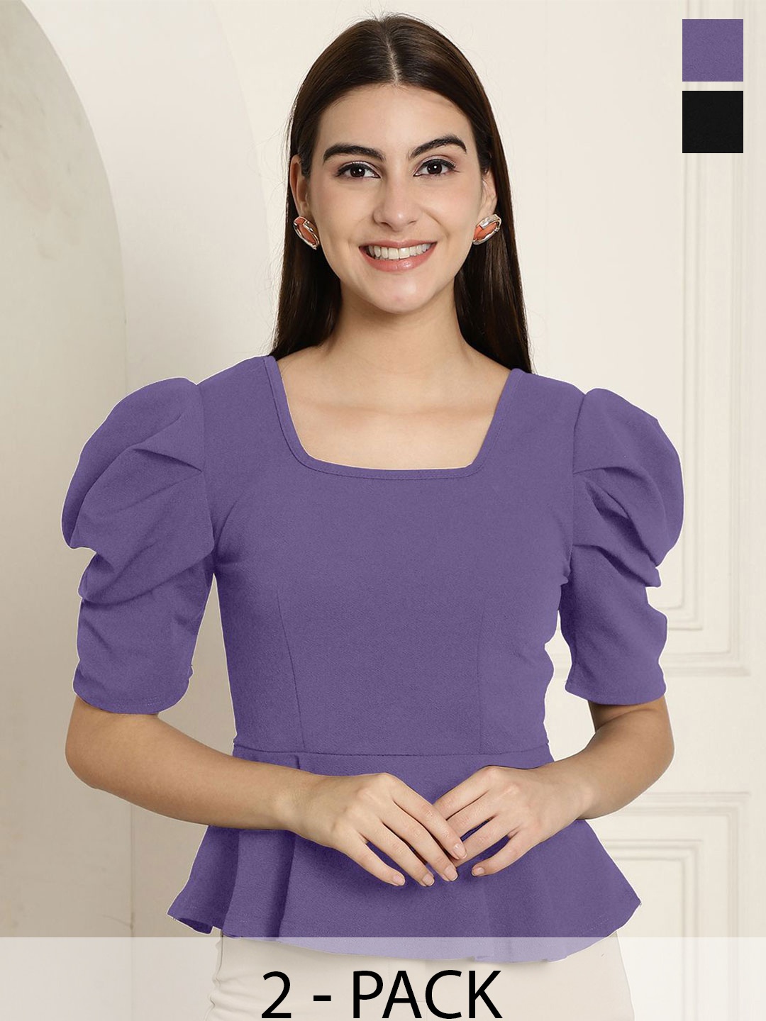 

Tromko Women Solid Peplum Puff Sleeve Top, Violet