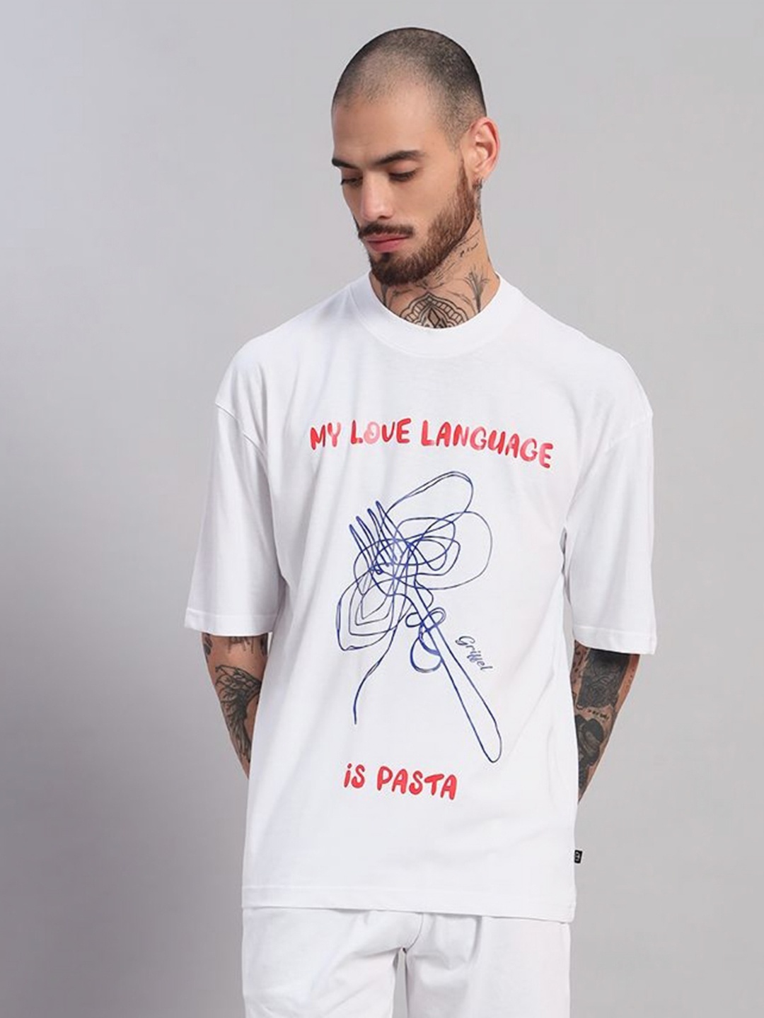 

GRIFFEL Men Printed Drop-Shoulder Sleeves Ultralite T-shirt, White
