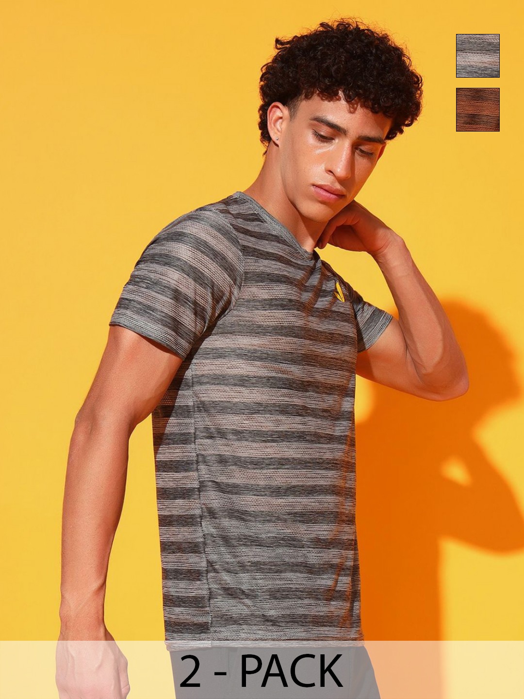 

GLITO Men 2 Striped Slim Fit T-shirt, Brown