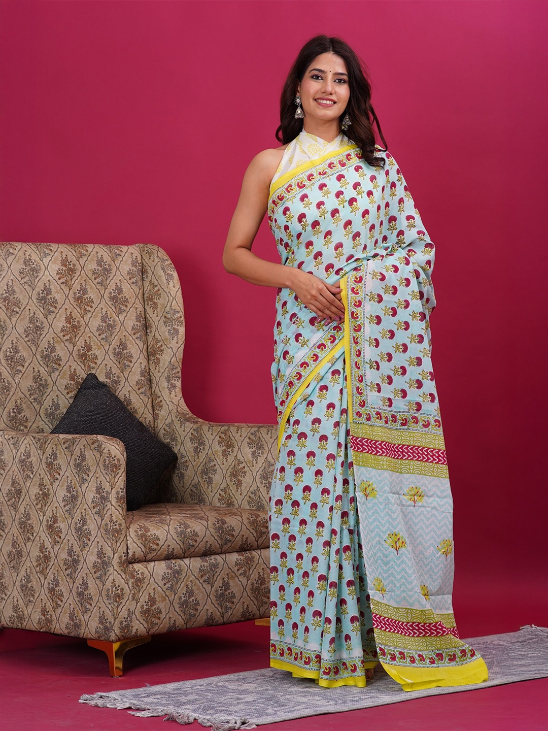 

Shivanya Handicrafts Floral Pure Cotton Block Print Saree, Blue