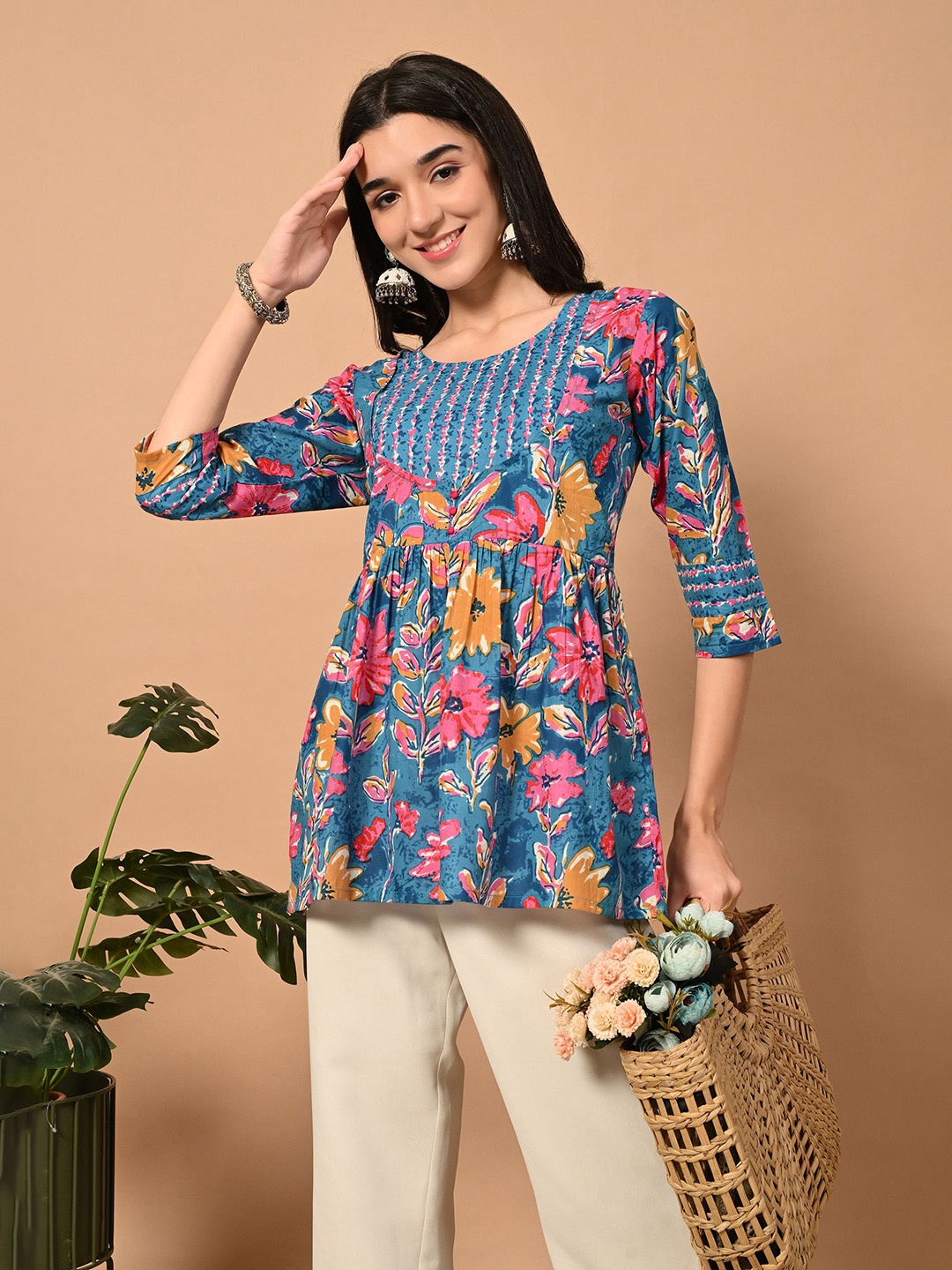 

Aktasa Floral Print Cotton Top, Blue