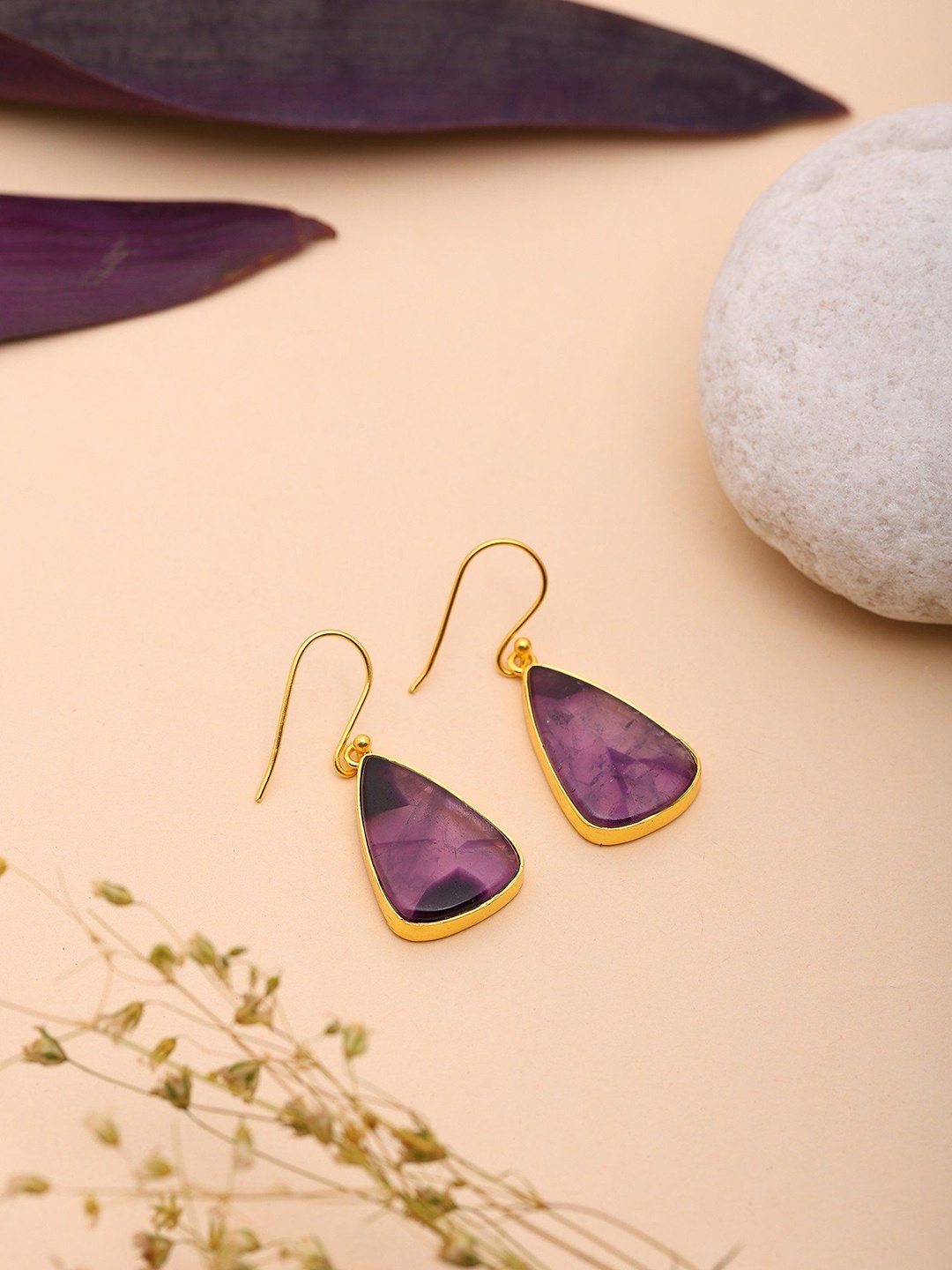 

Exotic India 925 Sterling Silver Gold Plated Amethyst Studded Triangular Hook Earrings, Purple