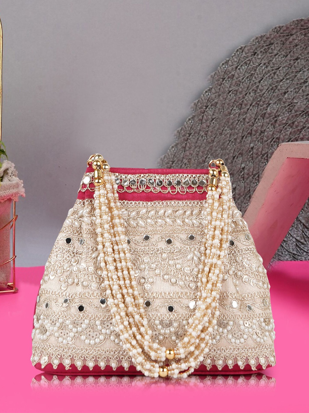 

PLANX Embroidered Potli Clutch, Pink