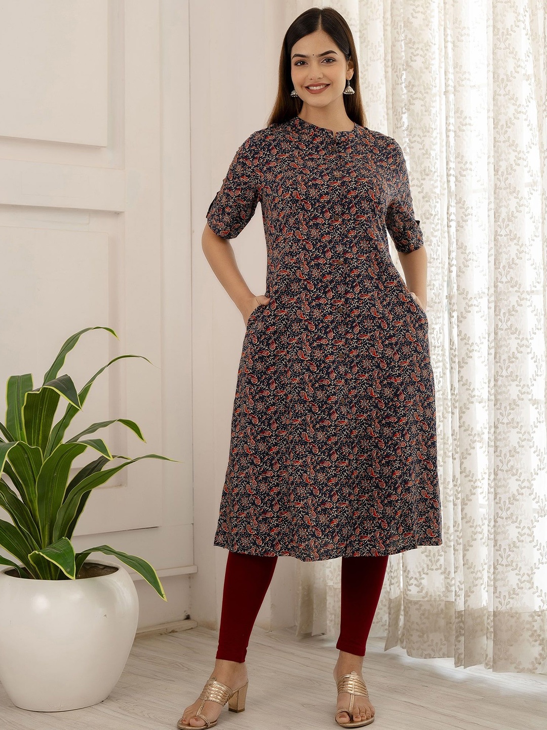 

TRIVEDI Printed Pure Cotton A-line Kurta, Blue