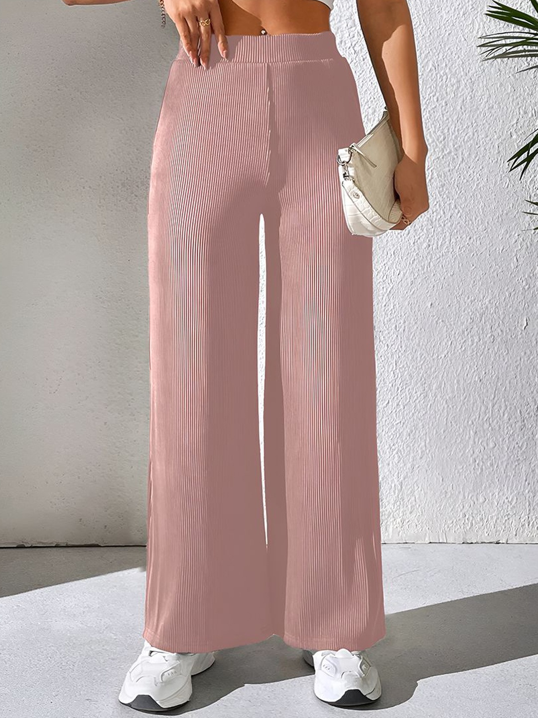 

Tromko Women Striped Comfort Straight Fit Trousers, Pink