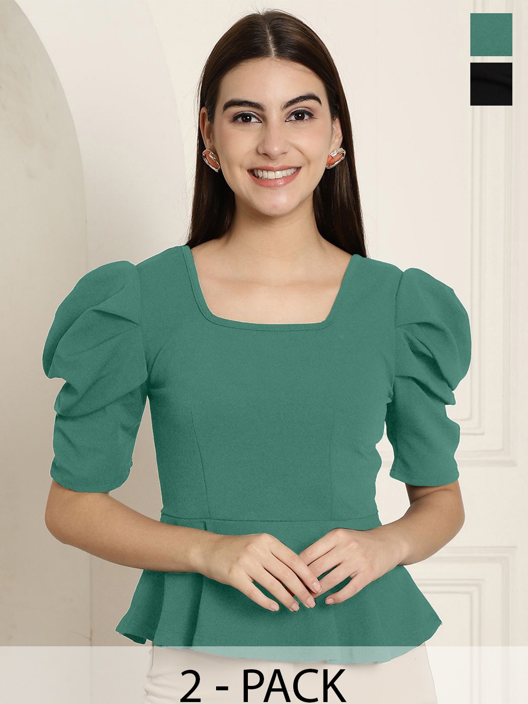 

Tromko Pack Of 2 Puff Sleeve Peplum Top, Green