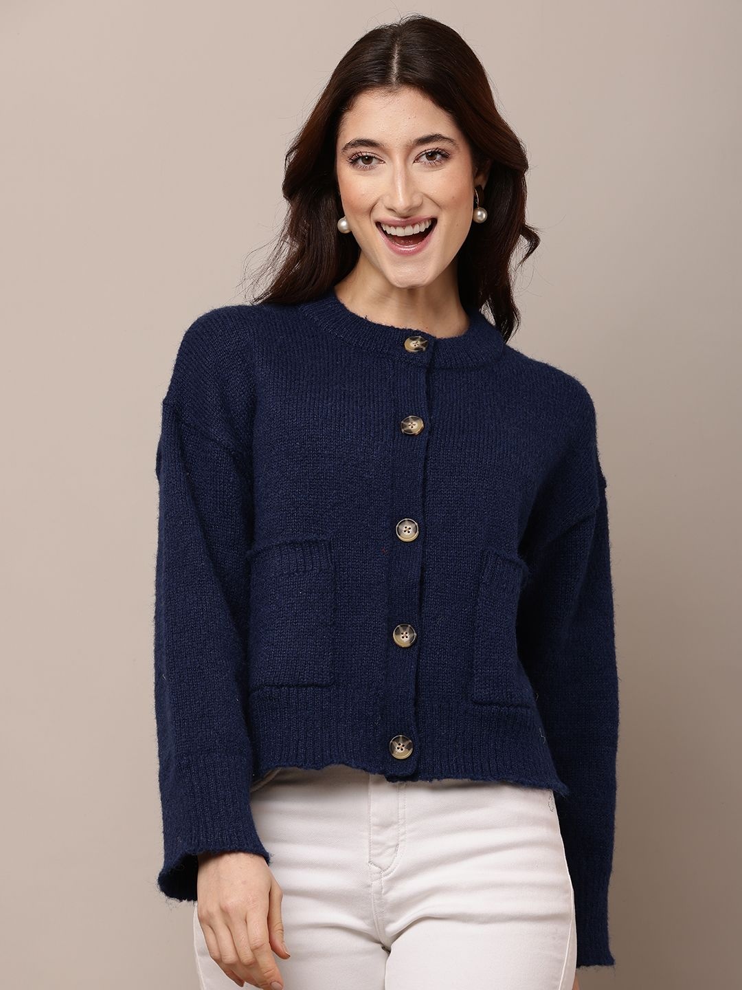

NoBarr Women Round Neck Cardigan, Blue