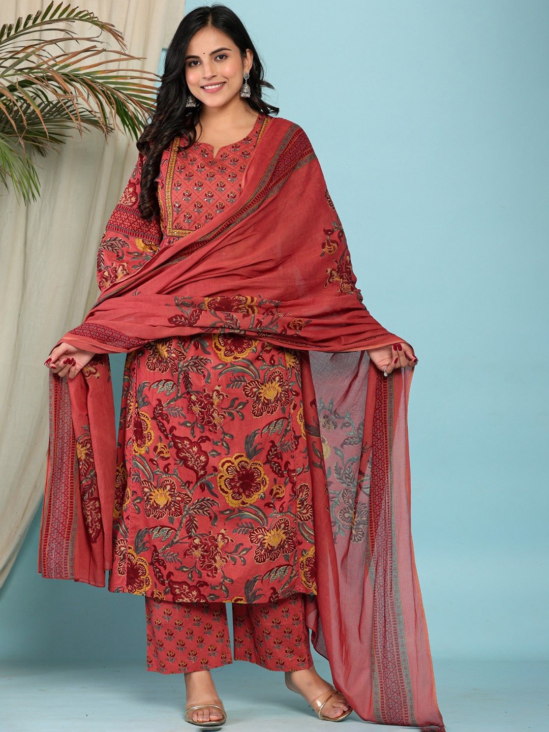 

KALINI Women Floral Printed Regular Sequinned Pure Cotton Kurta with Trousers & With Dupatta, Red