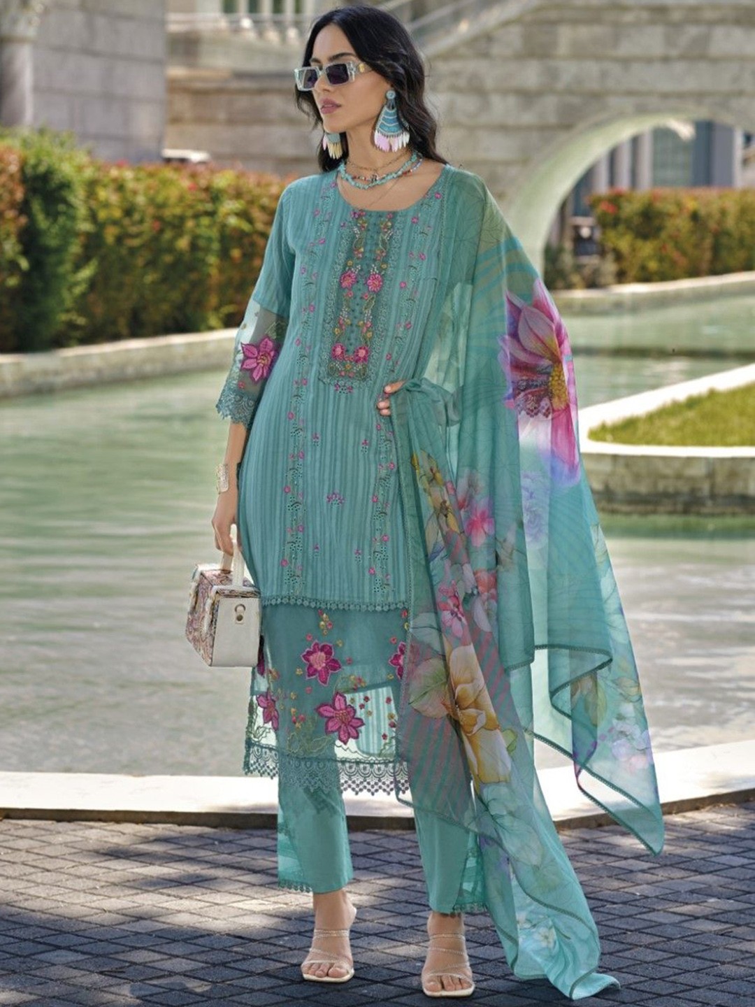 

AUTUMN LANE Floral Printed Pure Cotton Straight Kurta with Trousers & Dupatta, Teal