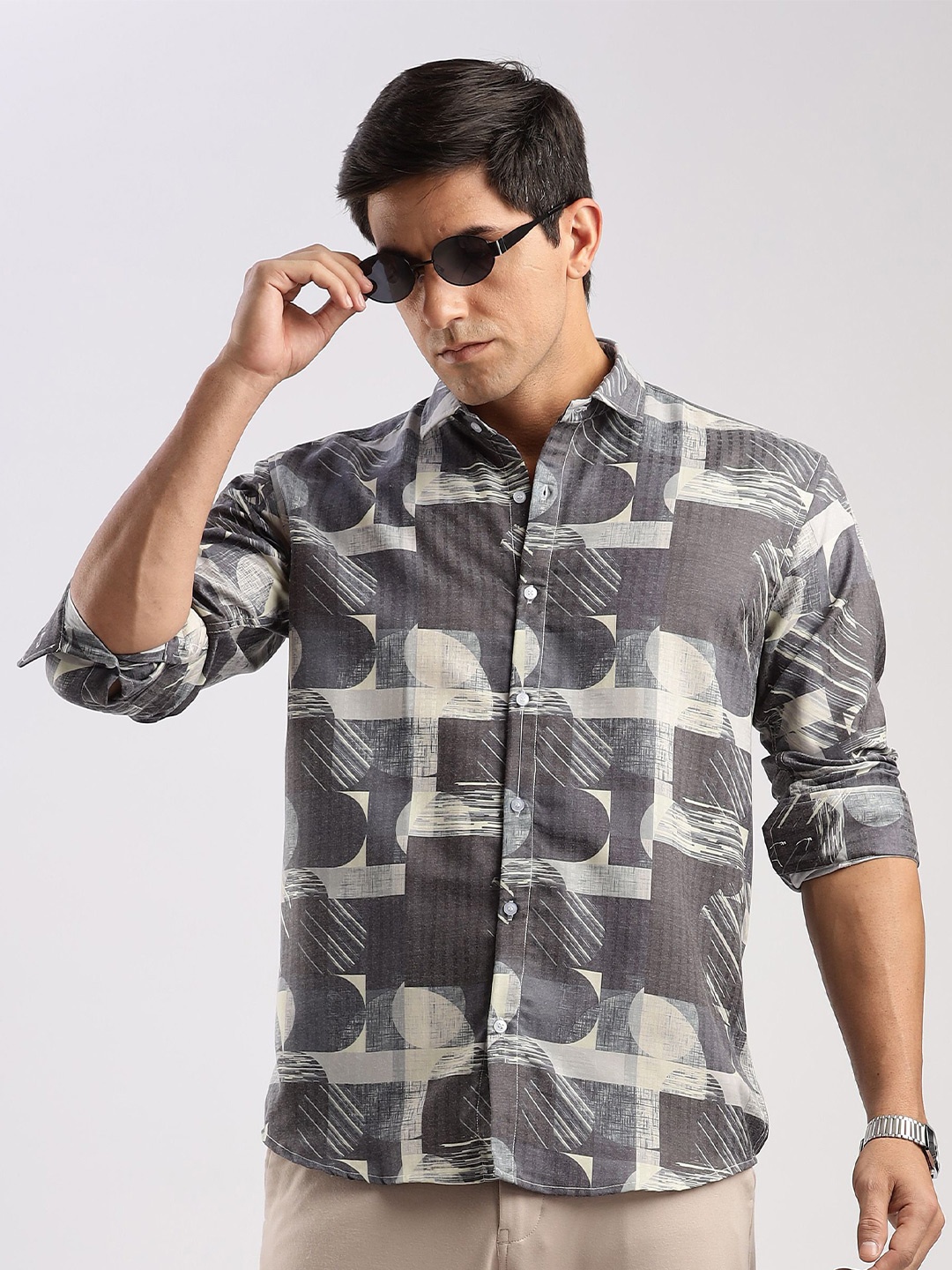 

RICH & ROMAN Men Classic Opaque Printed Semiformal Shirt, Black