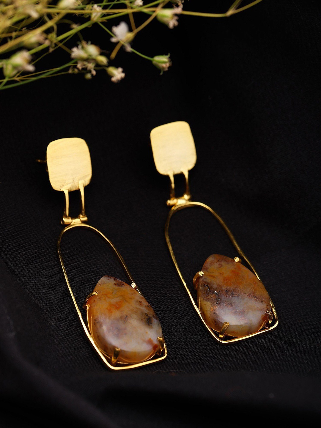 

Exotic India Sterling Silver Gold-Plated Agate Studded Teardrop Shaped Drop Earrings