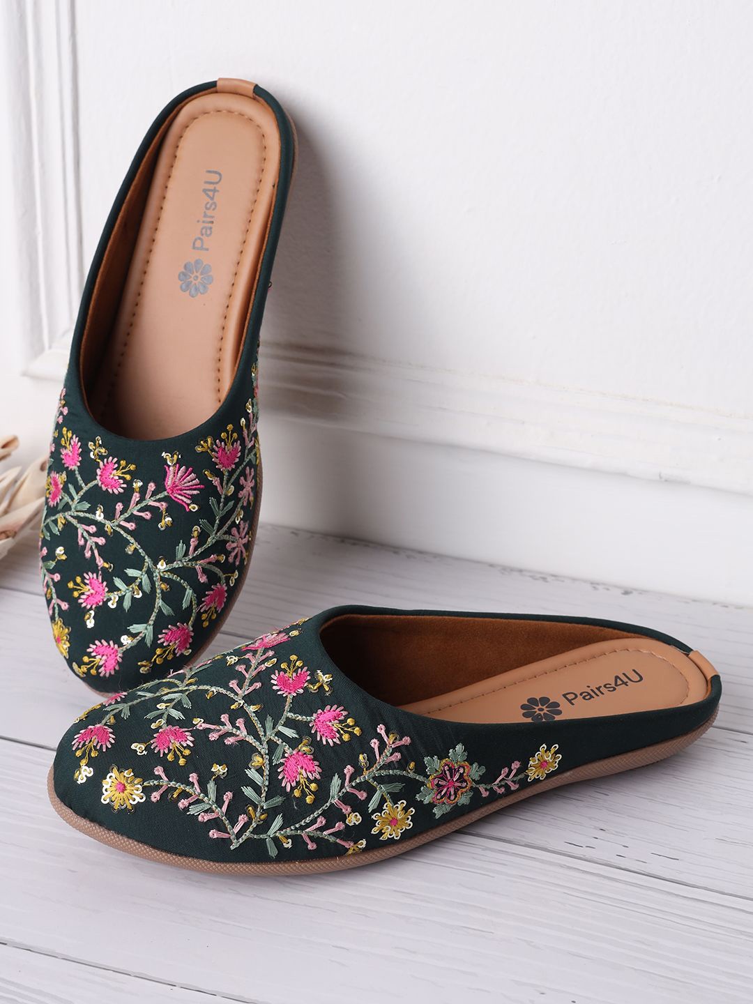 

Pairs4U Women Embellished Mojaris with Embroidered Flats, Green