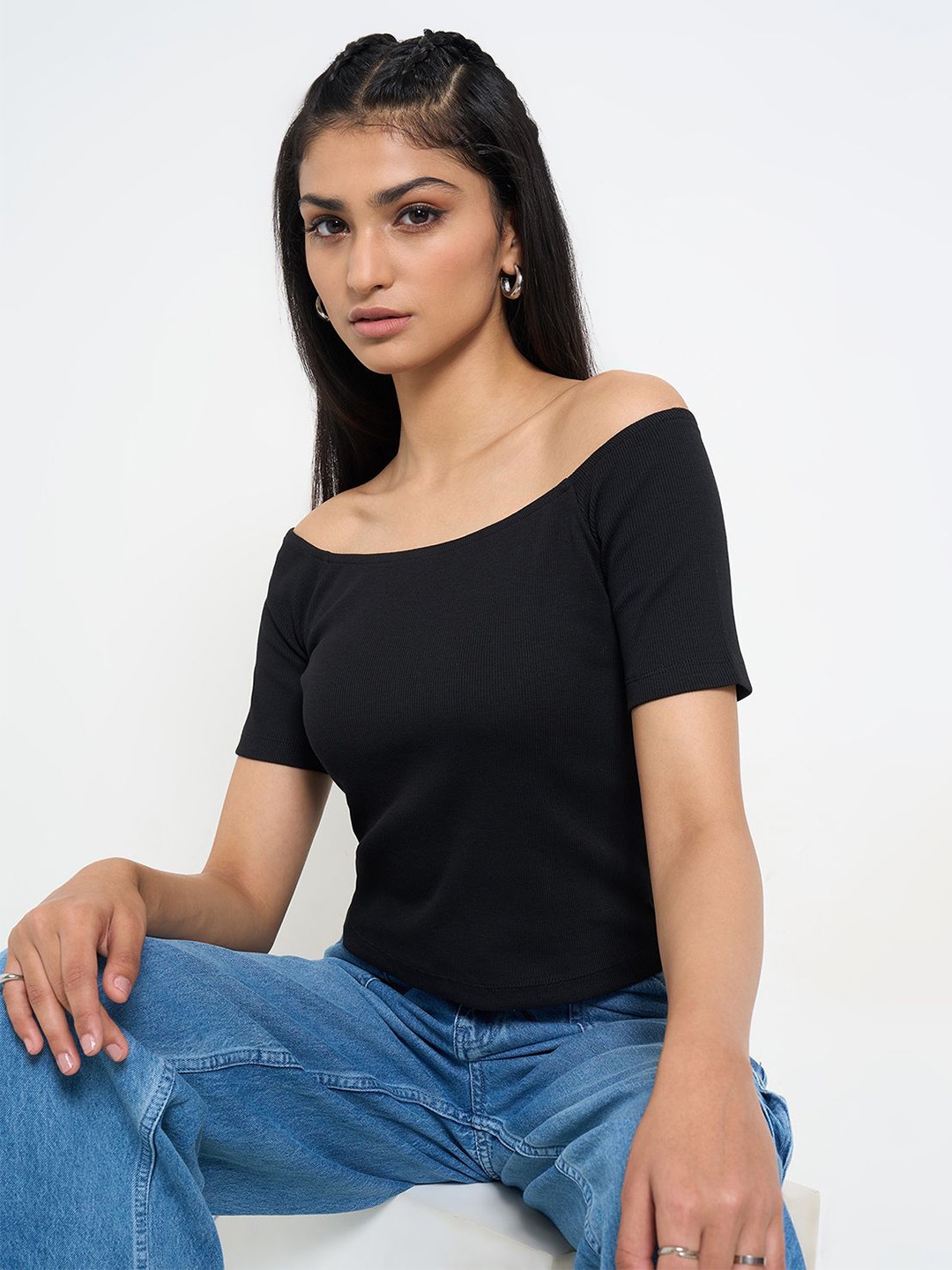 

SF JEANS by Pantaloons Women Off-Shoulder Cotton short Top, Black