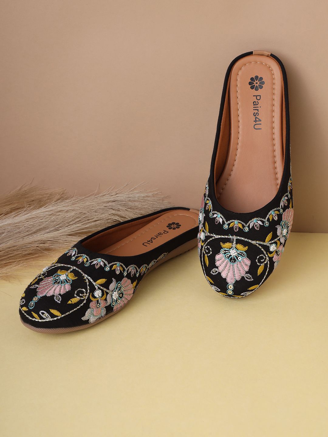 

Pairs4U Women Embellished Ethnic Mojaris with Embroidered Flats, Black