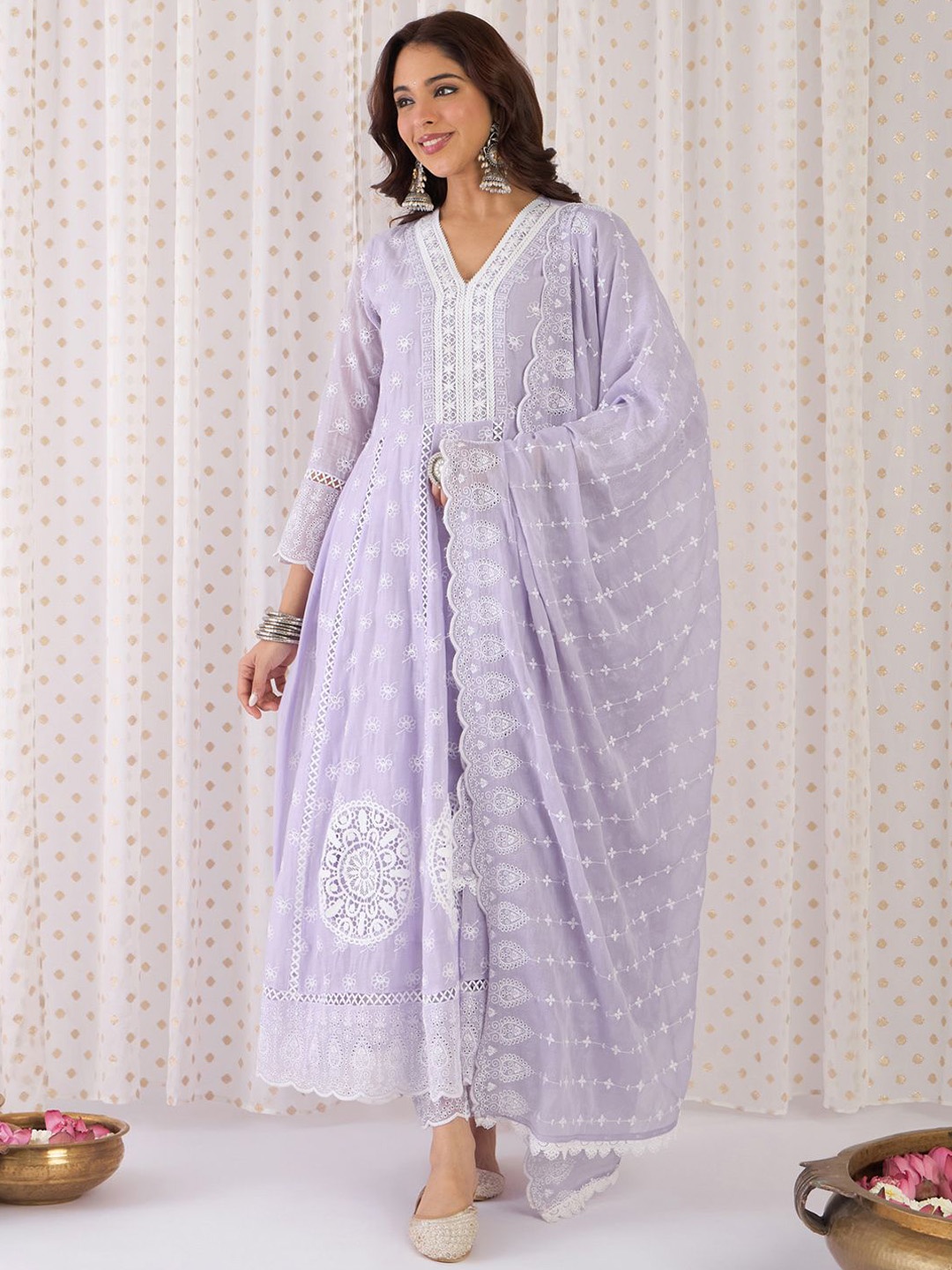 

Indo Era Women Ethnic Motifs Thread Work Pure Cotton Kurta with Trousers & With Dupatta, Lavender