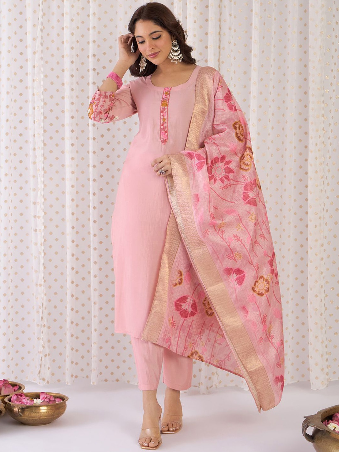 

Indo Era Floral Yoke Design Embroidered Thread Work Straight Kurta With Trousers & Dupatta, Peach