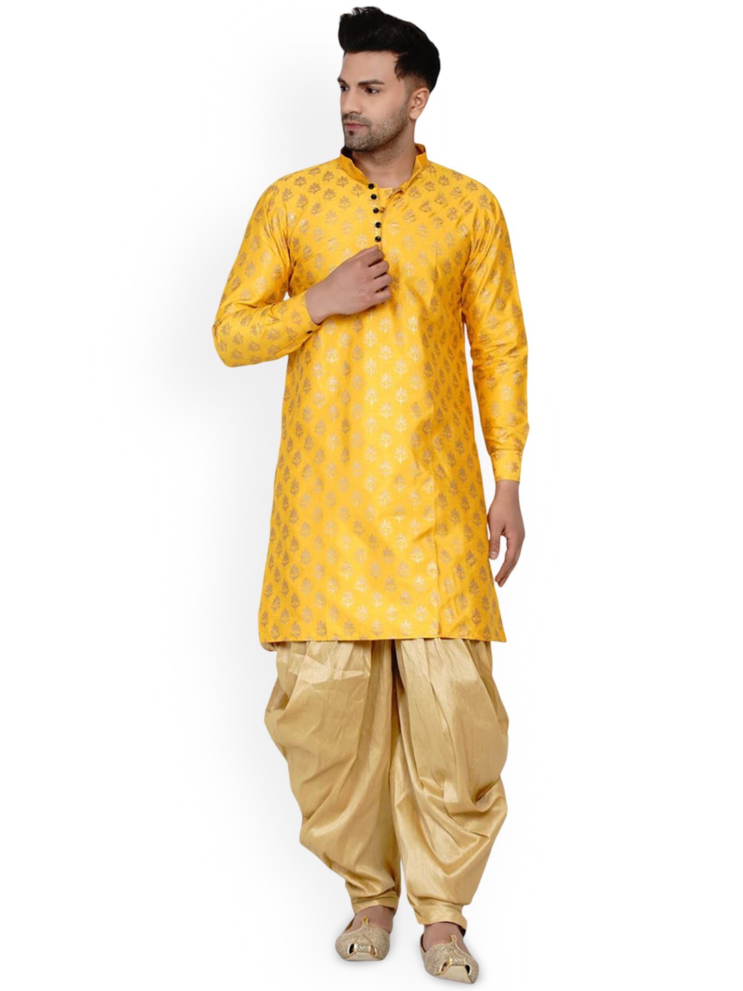 

VEERA PARIDHAAN Floral Printed Mandarin Collar Long Roll-Up Sleeves Kurta, Yellow