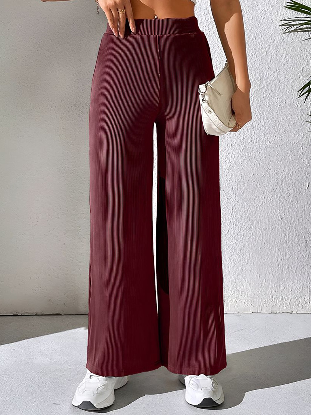 

Tromko Women Striped Comfort Straight Fit Trousers, Maroon