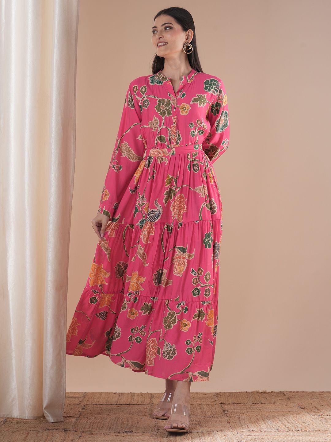 

FASHOR Women Floral Print Mandarin Collar Flared Sleeve Maxi Fit & Flare Dress, Pink