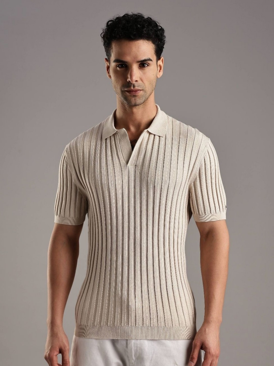 

Tommy Hilfiger Men Striped Polo Collar Pockets T-shirt, Beige