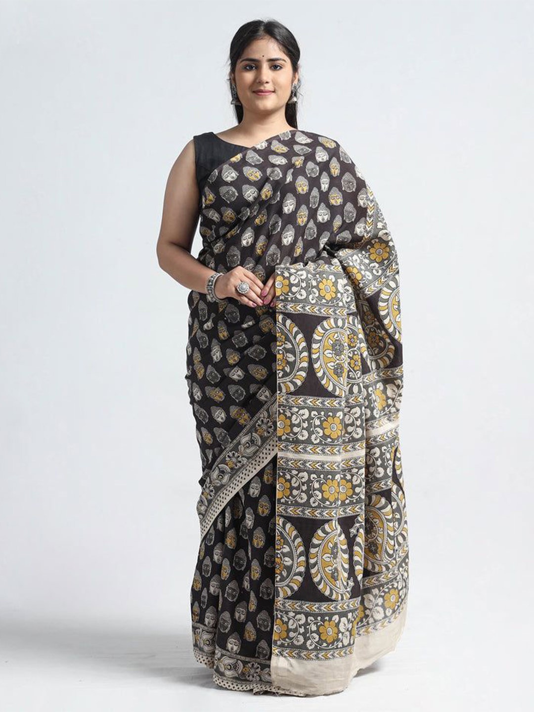 

iTokri Kalamkari Pure Silk Block Print Saree, Black