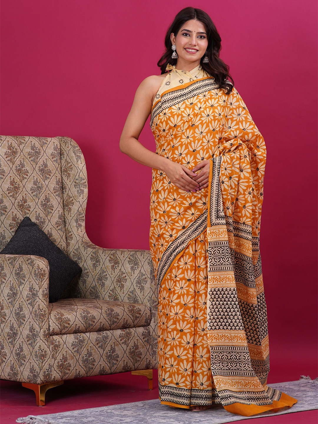 

Shivanya Handicrafts Ethnic Motifs Printed Pure Mulmul Cotton Block Print Saree, Orange