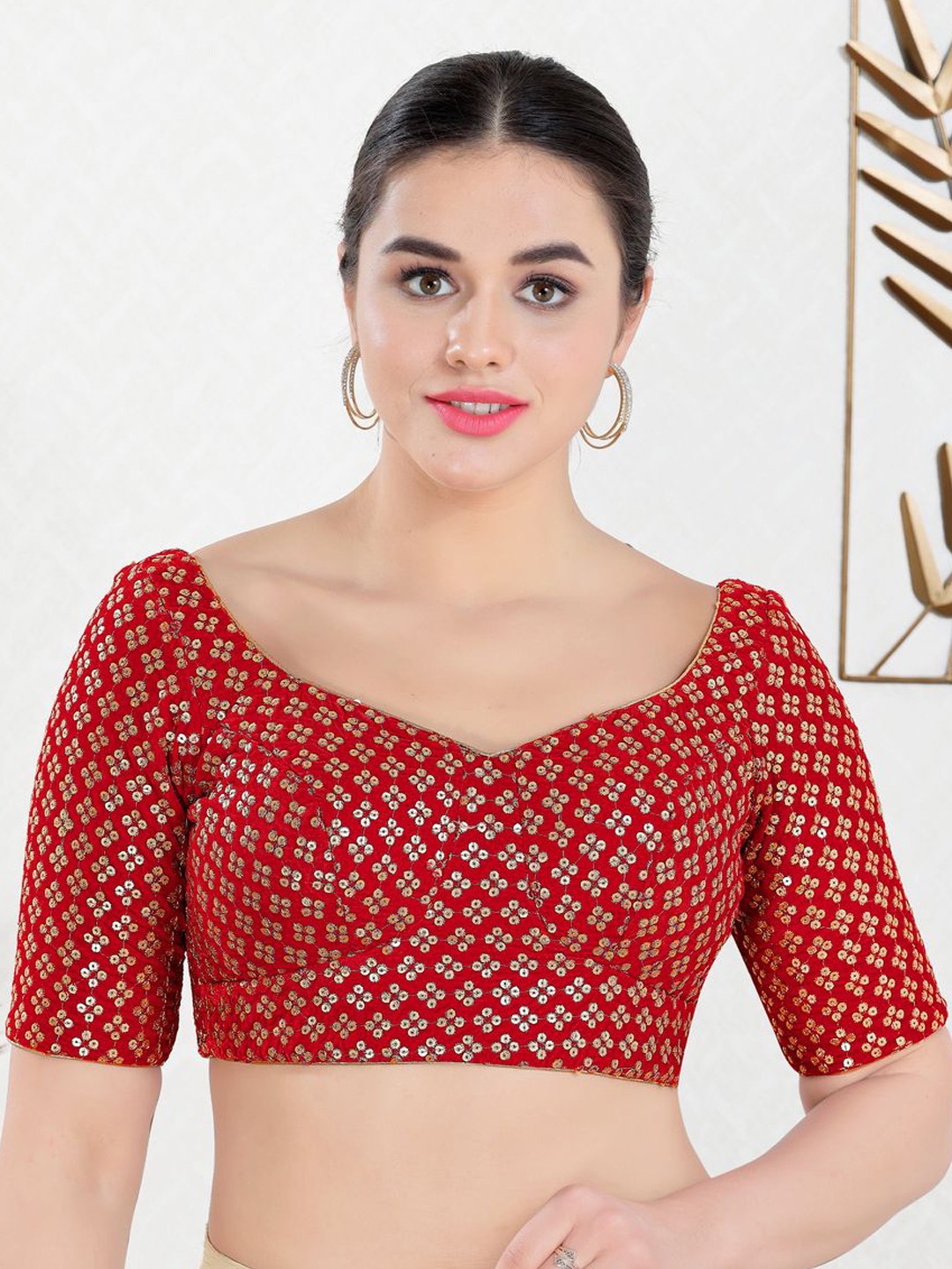 

VAMAS - THE DESIGNER BLOUSES Embroidered Velvet Sweetheart Neck Padded Saree Blouse, Red