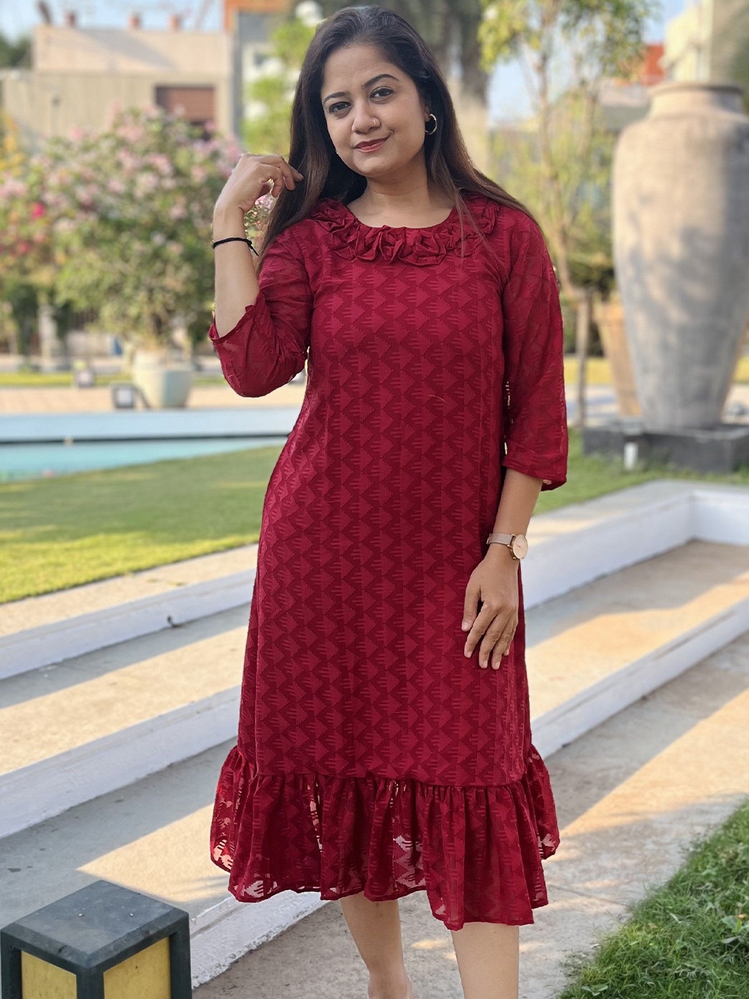 

Bhanderi Fashion Women Georgette A-Line Midi Dress, Maroon