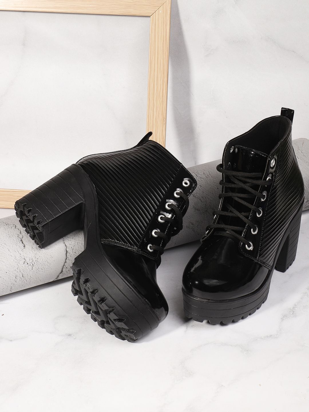 

STRASSE PARIS Women Round Toe Buckle Lace Up Chunky Block Heeled Boots, Black