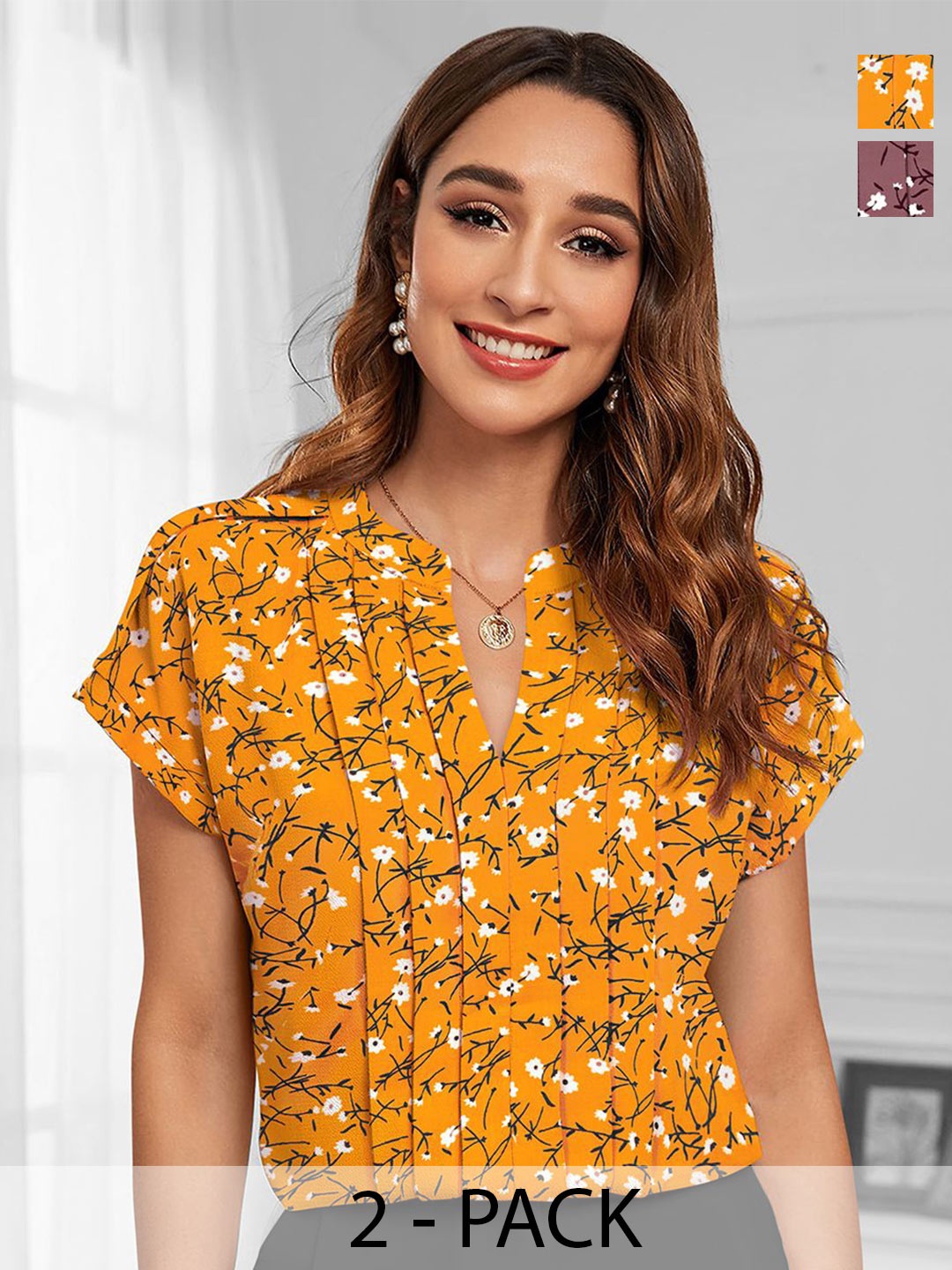 

CORSICA Women Pack Of 2 Floral Printed Raglan Sleeves Regular Top, Yellow