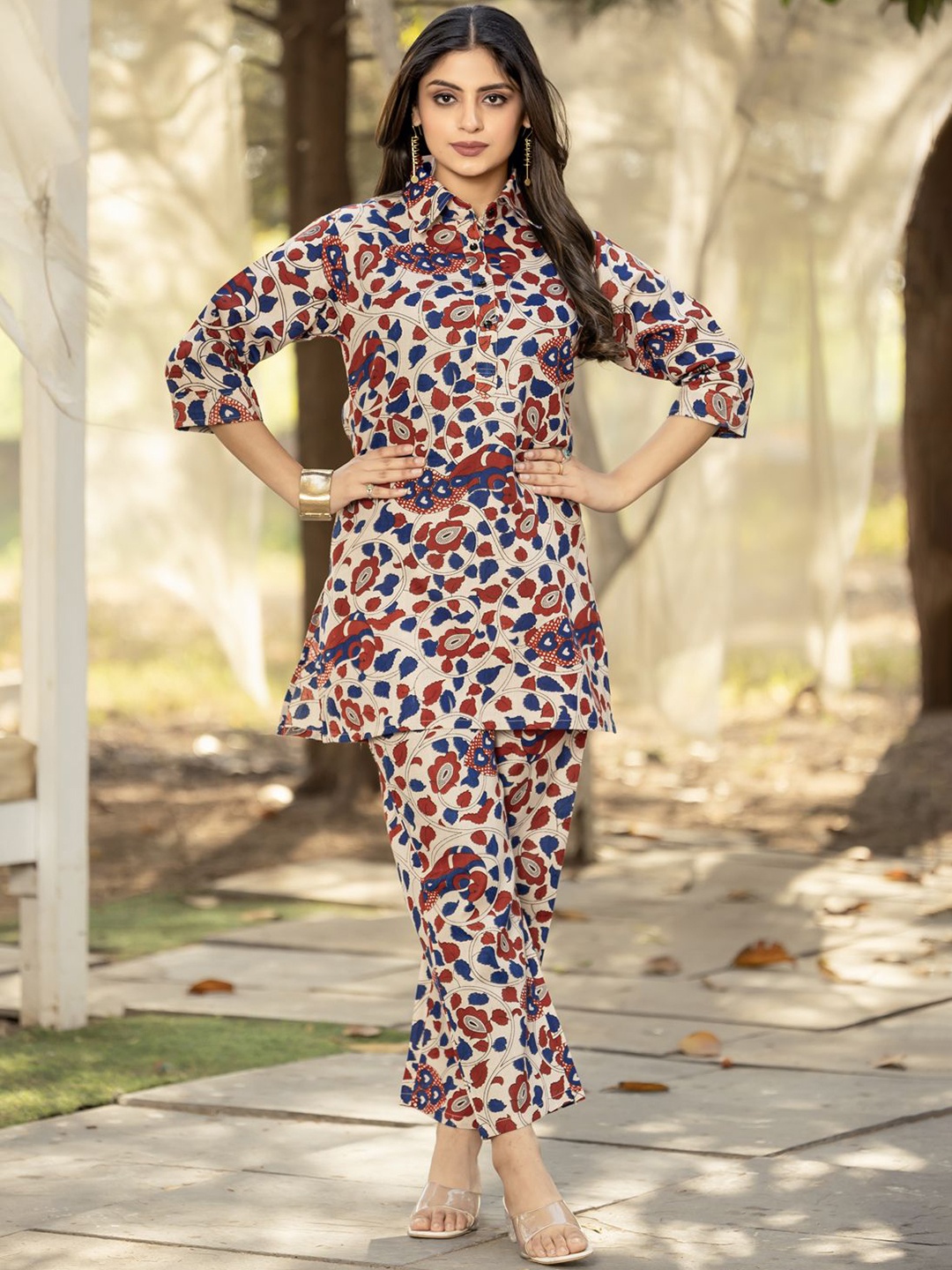

BAPS Kalamkari Printed Pure Cotton Shirt Collar Top With Trousers, Beige