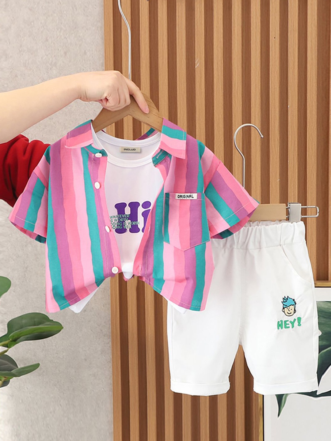 

INCLUD Boys Striped Shirt With Sleeveless T-Shirt And Shorts, Pink