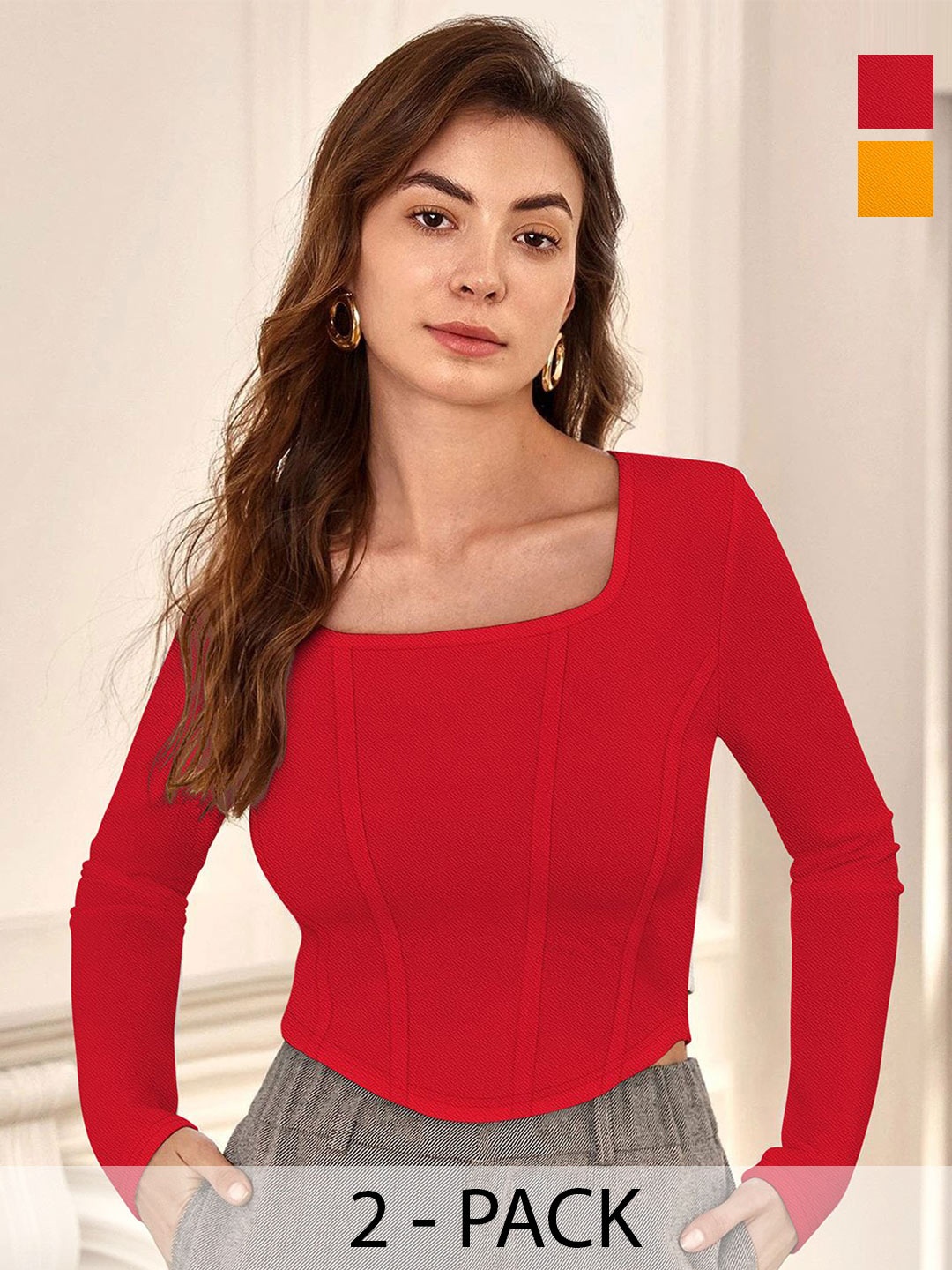 

CORSICA Women Red Regular Solid Square Neck Long Sleeves Top