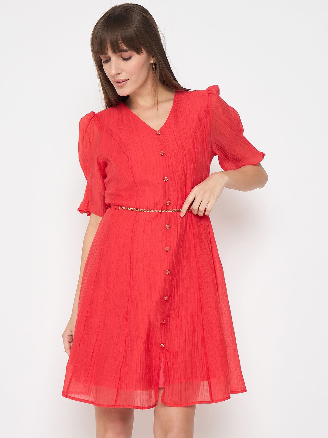 

Madame Women Bell Sleeve Fit & Flare Dress, Red