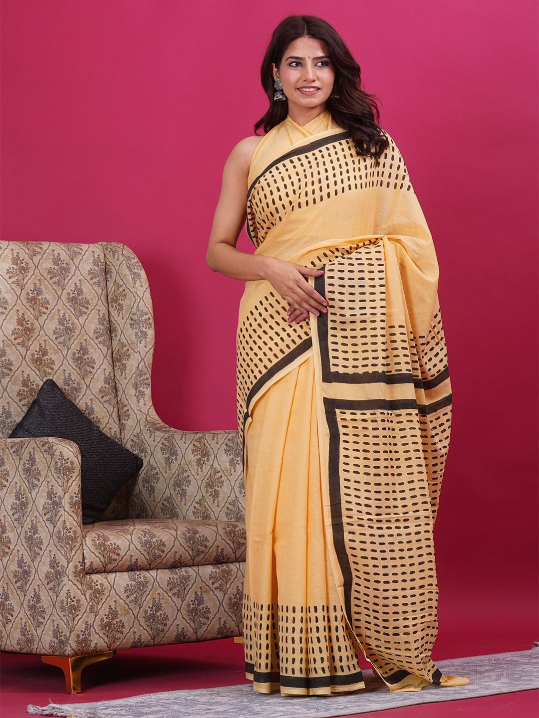 

Shivanya Women's Handicrafts Polka Dot Pure Cotton Block Print Saree, Cream