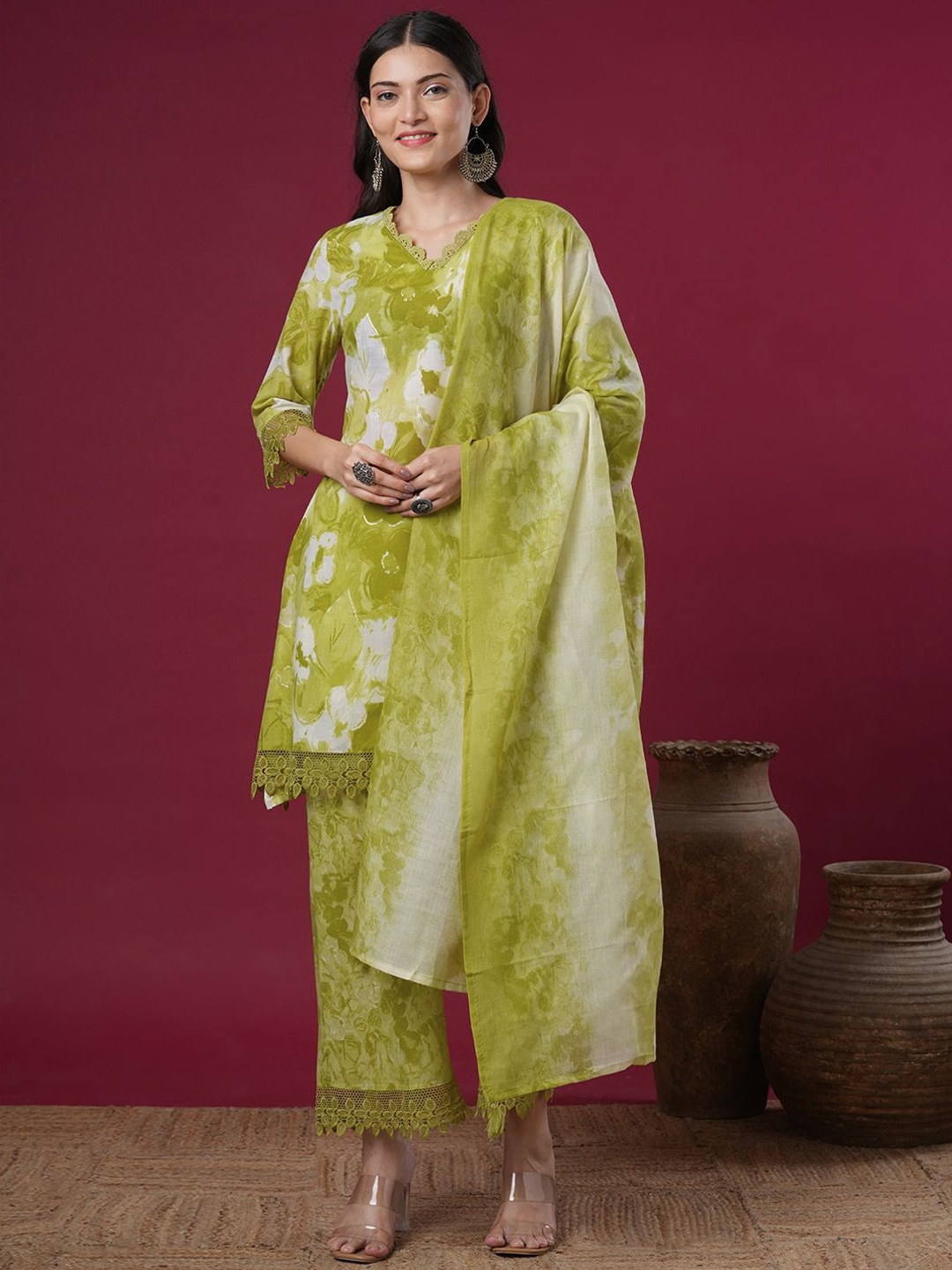 

FASHOR Women Printed Regular Thread Work Pure Cotton Kurta with Palazzos & With Dupatta, Green