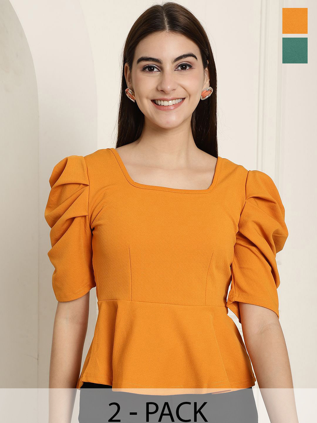 

Tromko Women Pack Of 2 Puff Sleeve Peplum Top, Multi