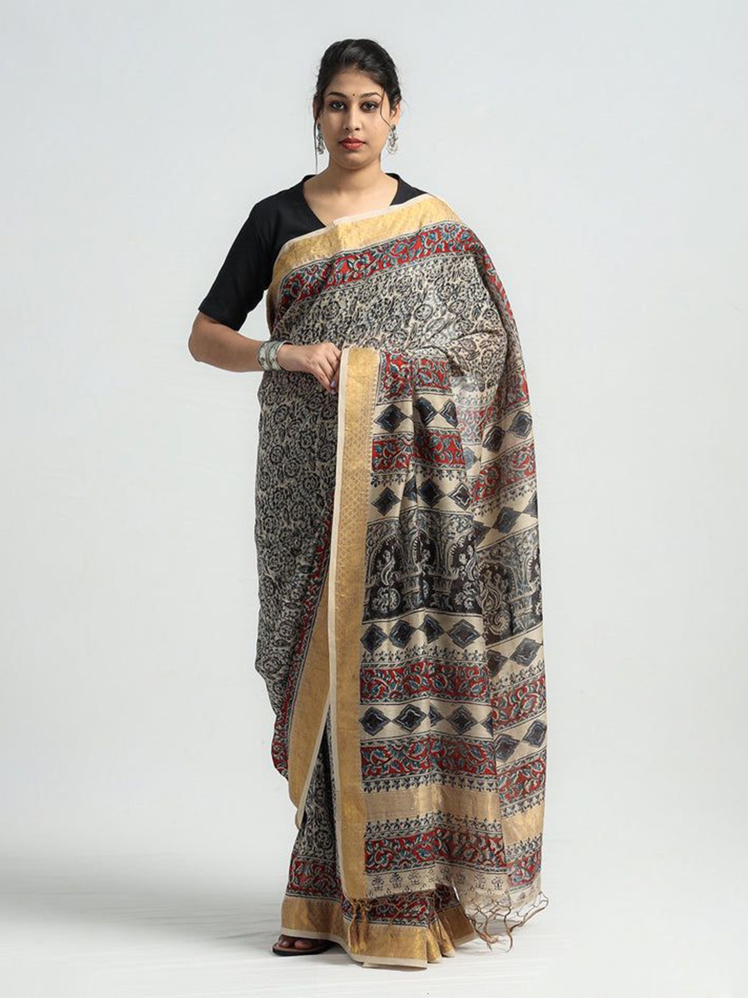 

iTokri Kalamkari Zari Pure Silk Block Print Saree, Black