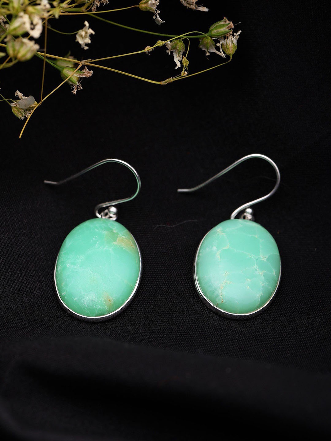 

Exotic India Sterling Silver Silver-Plated Chrysoprase Gemstone Oval Hoop Earrings, Green