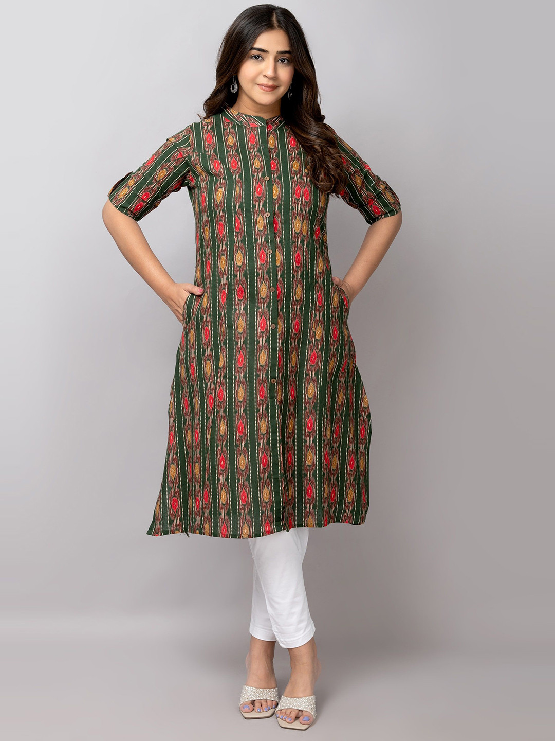 

TRIVEDI Printed Pure Cotton A-Line Kurta, Green