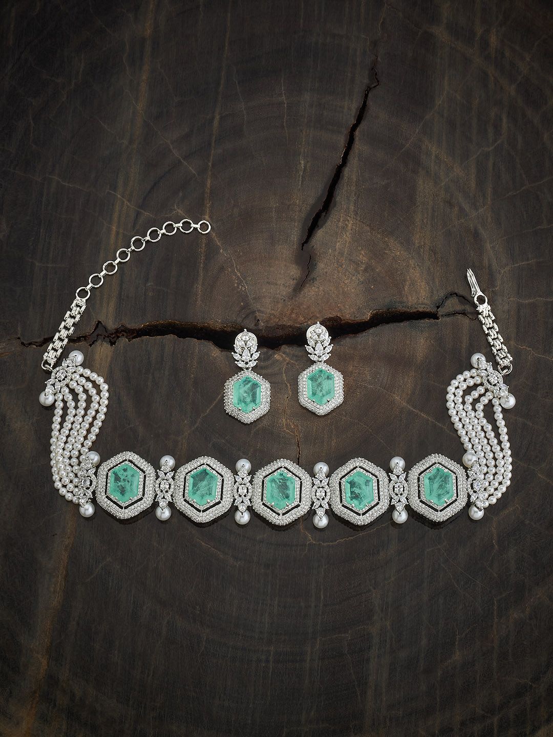 

Kushal's Fashion Jewellery Rhodium-Plated Cubic Zirconia-Studded Jewellery Set, Silver