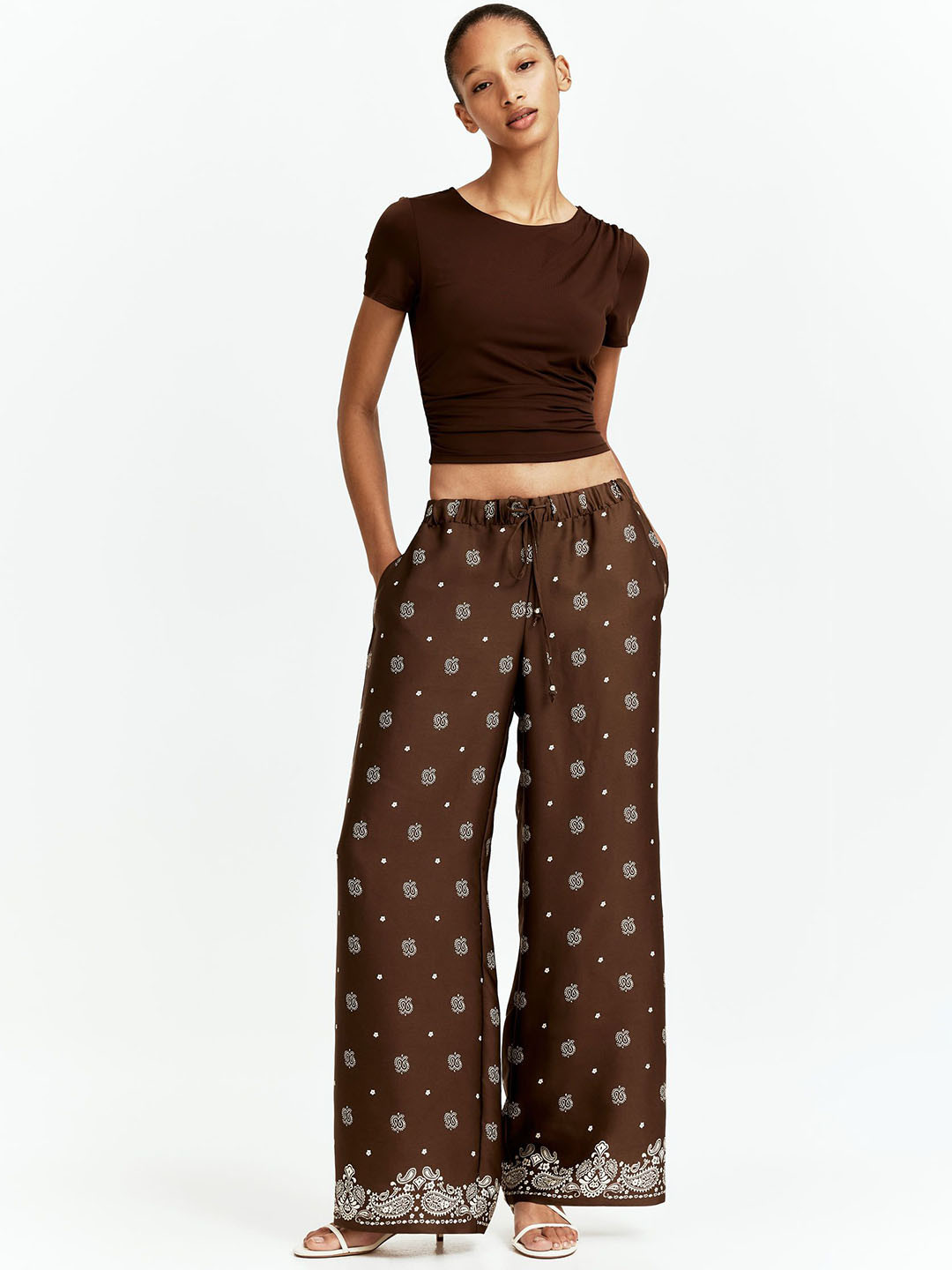 

H&M Wide Drawstring High Rise Loose Fit Wide Leg Trousers, Brown