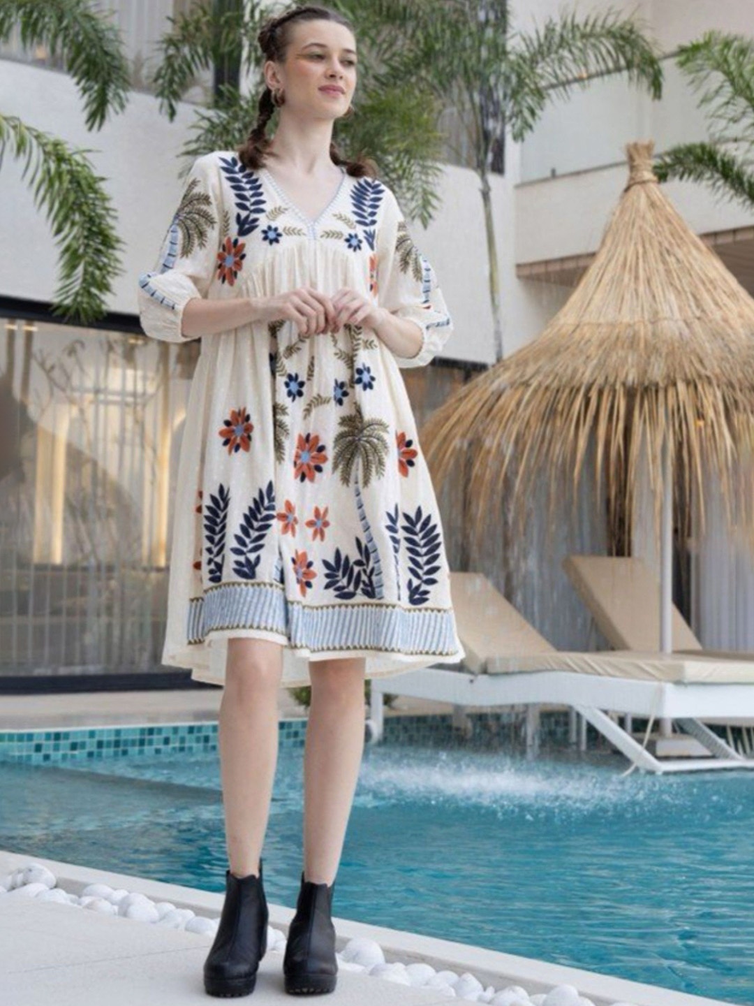 

AUTUMN LANE Embroidered Pure Cotton A-Line Above Knee-Length Ethnic Dress, White