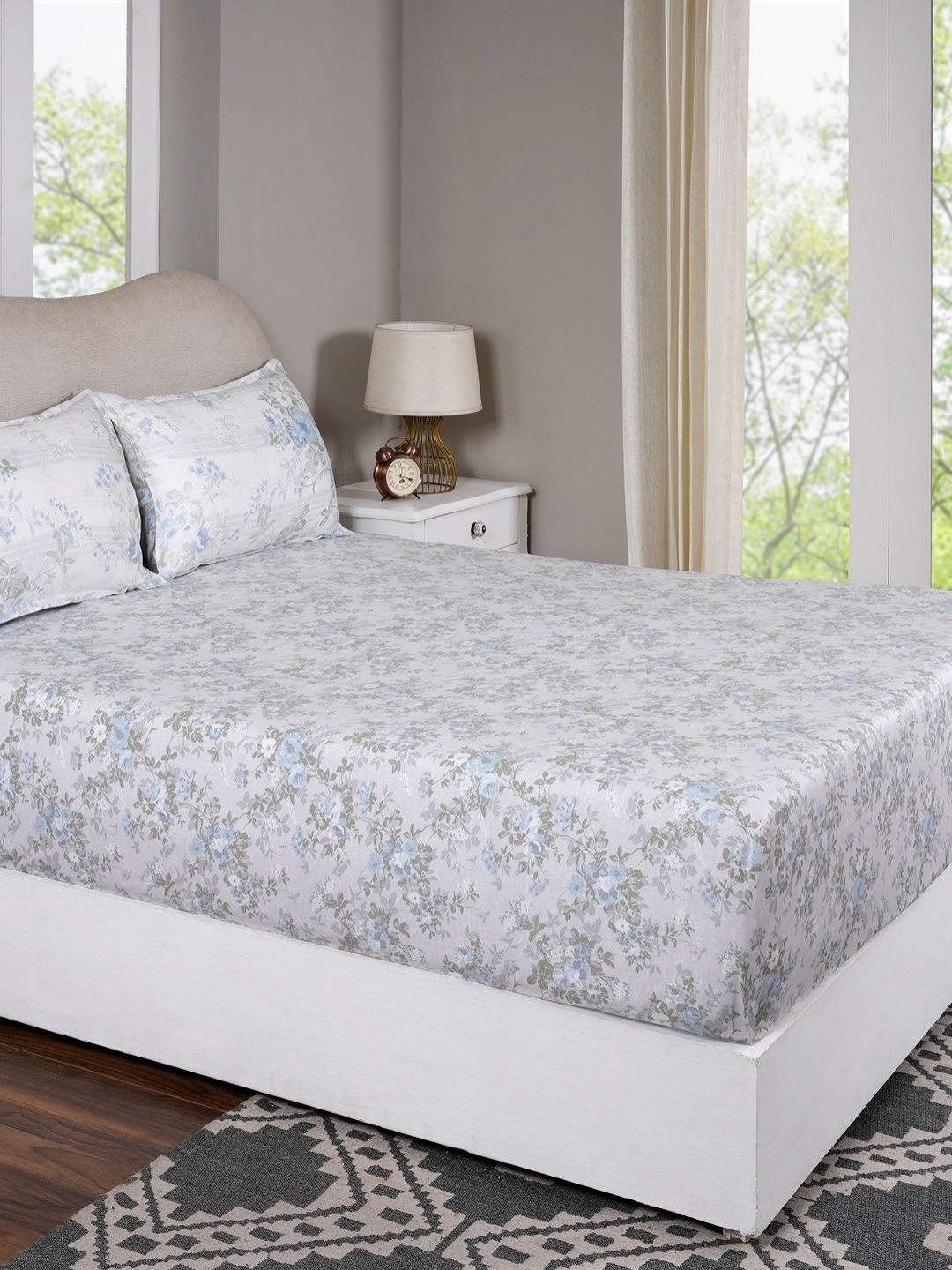 

MASPAR Blue Printed Pure Cotton 300 TC Single Fitted Bedsheet Set 91 cm x 1.83 m x 38 cm