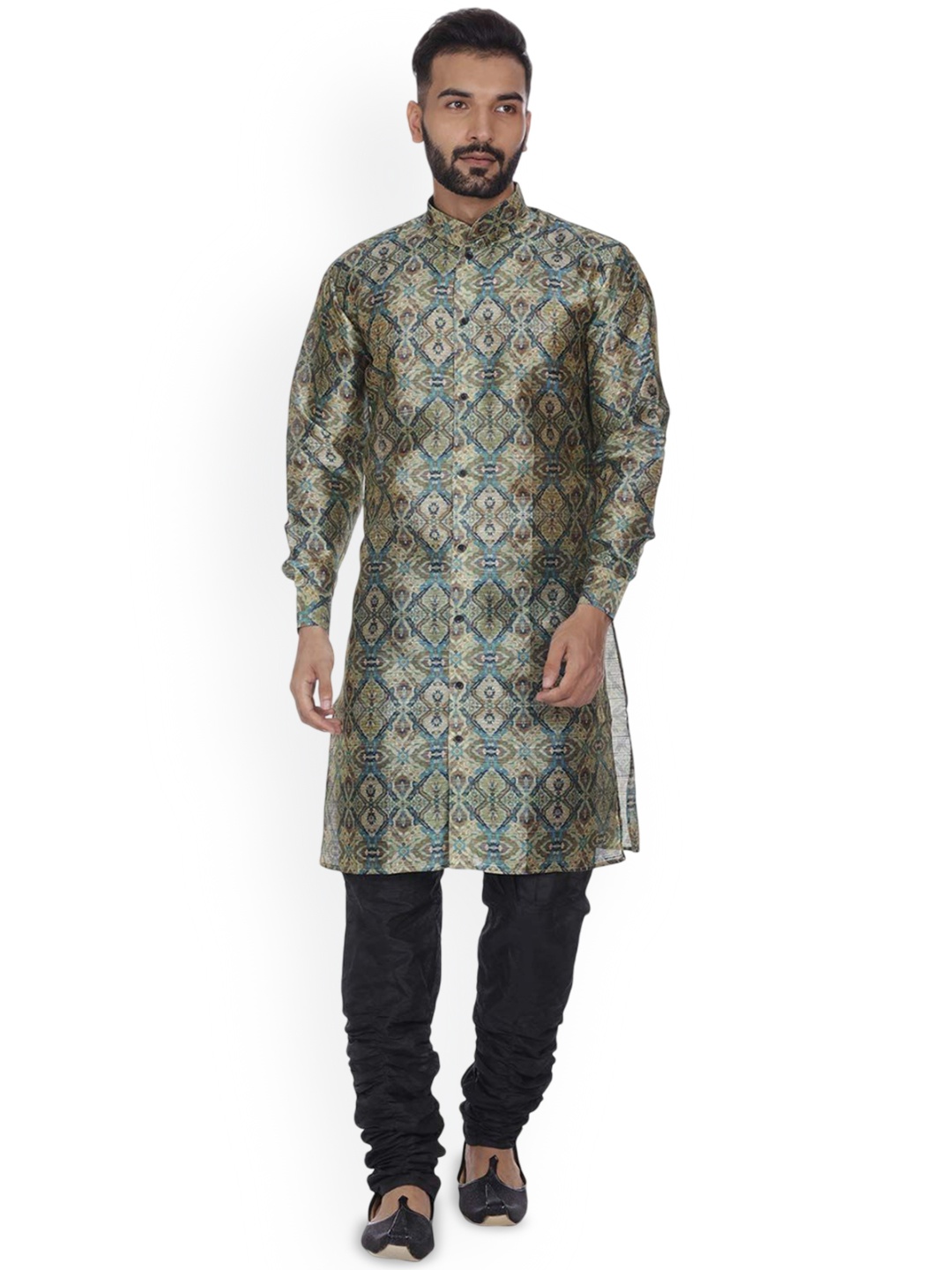 

VEERA PARIDHAAN Floral Printed Dupion Silk Mandarin Collar Straight Kurta, Green