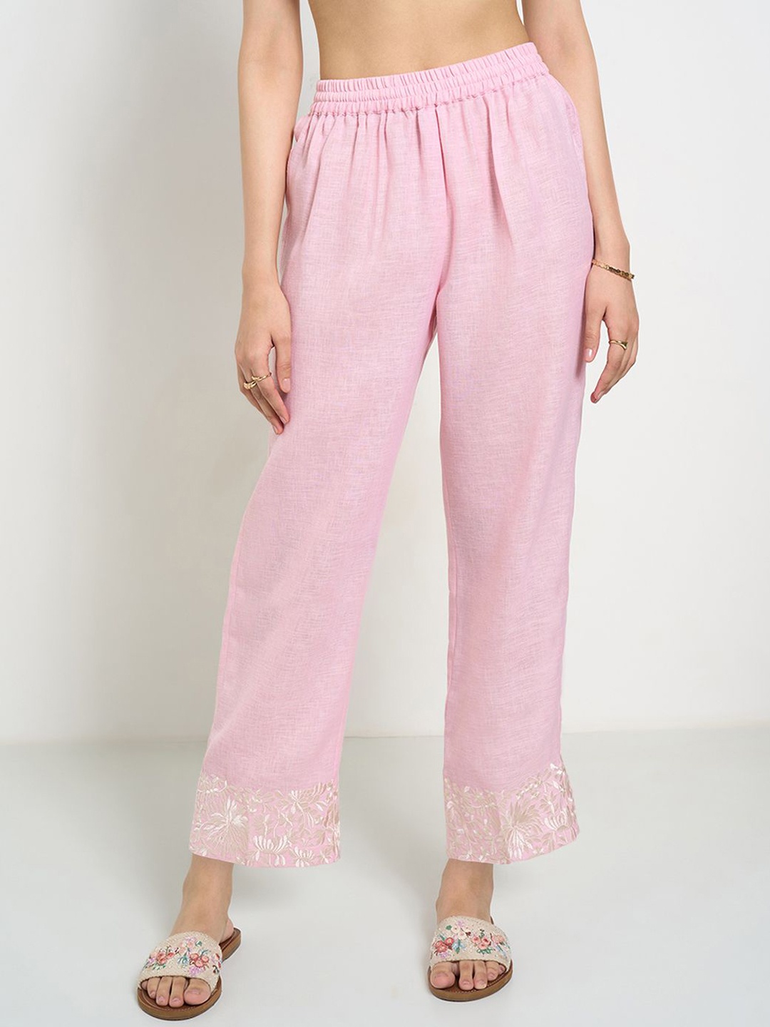 

RANGMANCH BY PANTALOONS Women Cotton Flared Trousers, Pink