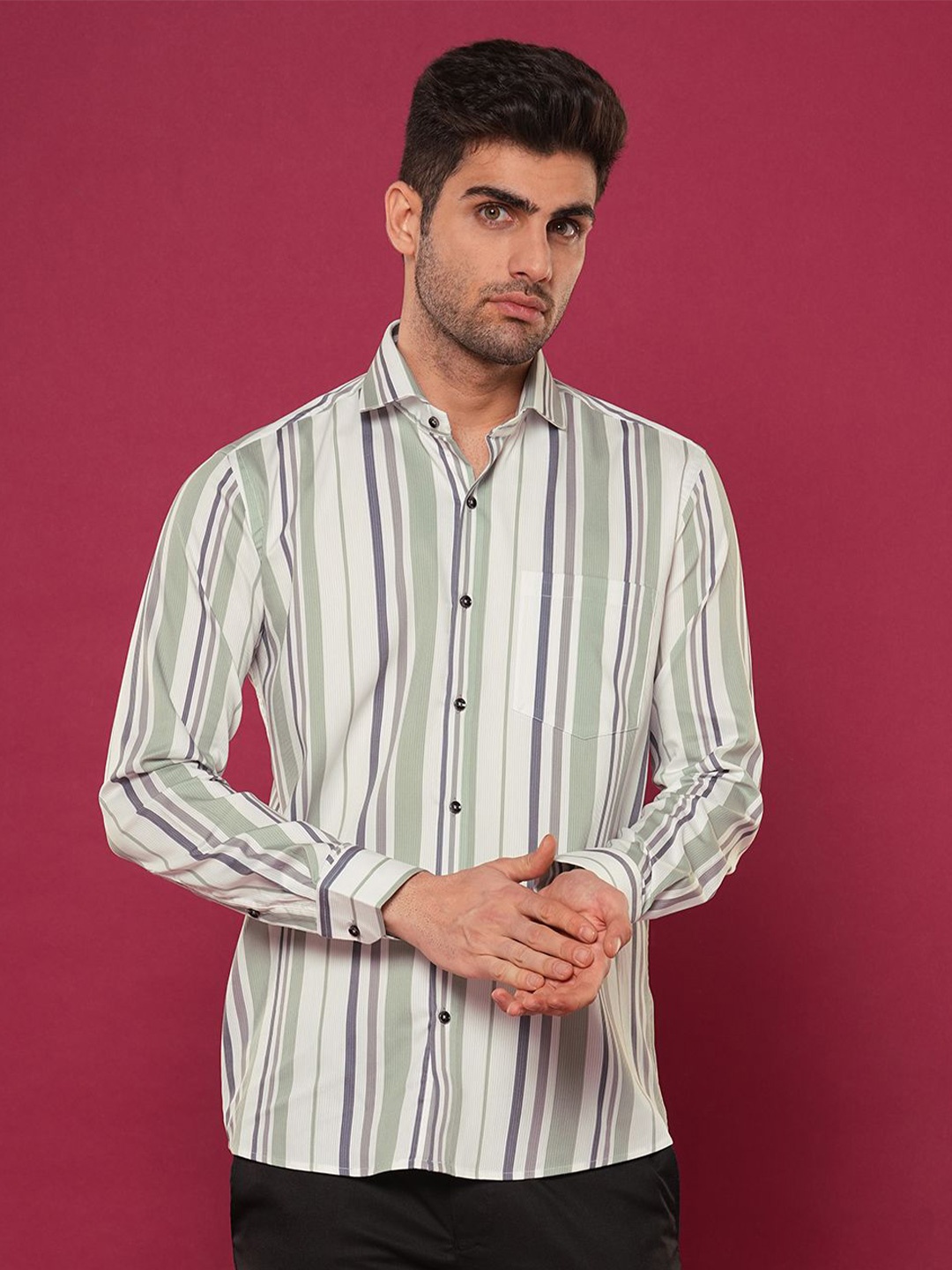 

John Philips Men Slim Fit Multi Stripes Opaque Striped Casual Shirt, Green