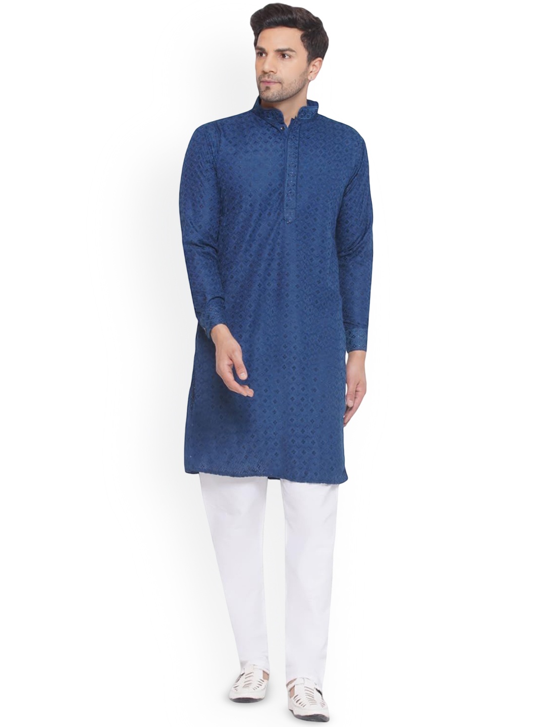 

VEERA PARIDHAAN Floral Embroidered Chikankari Mandarin Collar Straight Kurta, Turquoise blue
